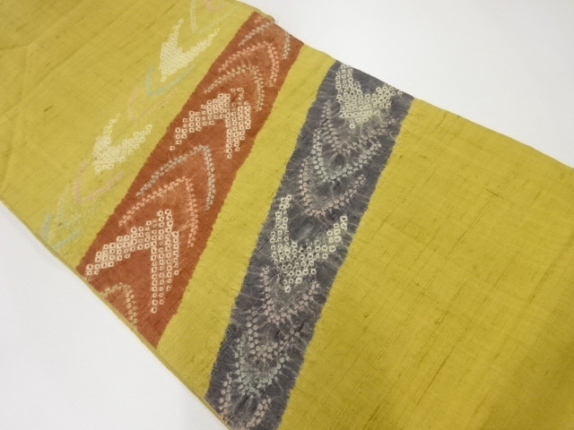 リサイクル　手織り紬絞り斜め縞に抽象模様袋帯